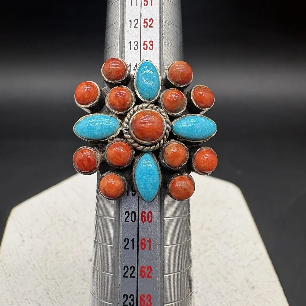 Anja Ring Women Size 8 Sterling Silver Orange Blue Turquoise Spiny Oyster Exc